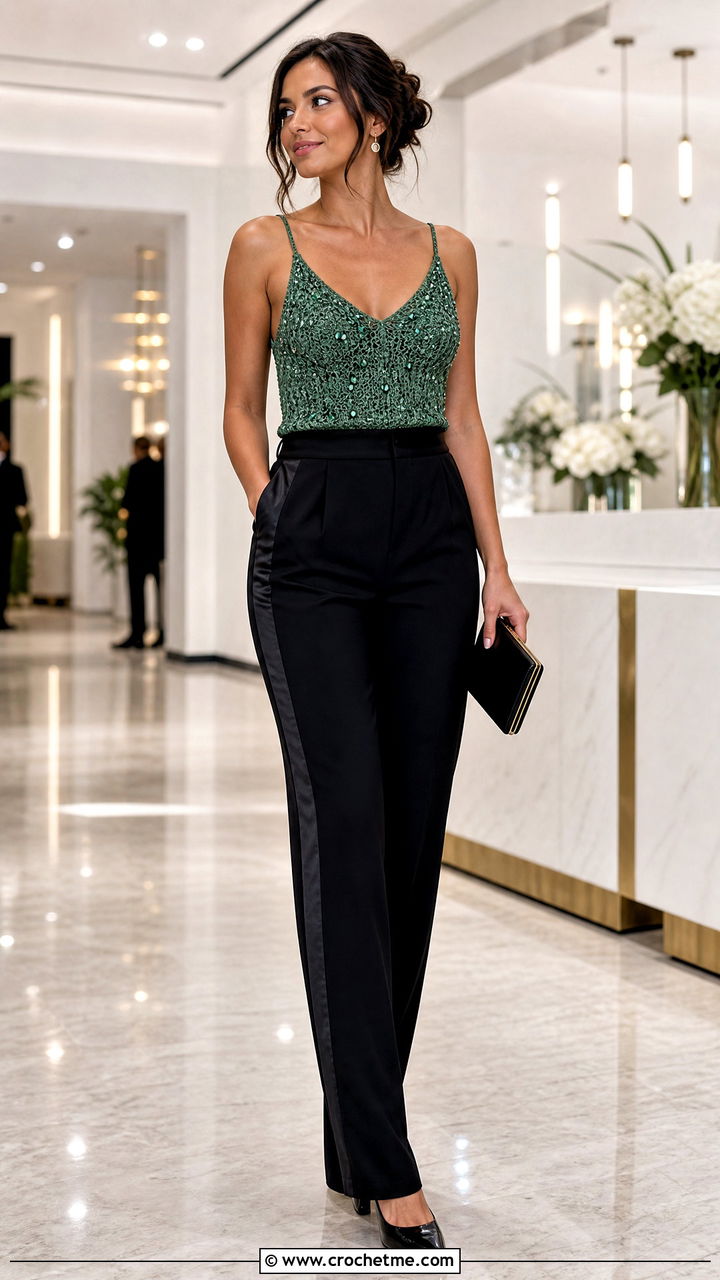 Beaded Crochet Camisole With Tuxedo Trousers - 35 crochet camisole outfit ideas