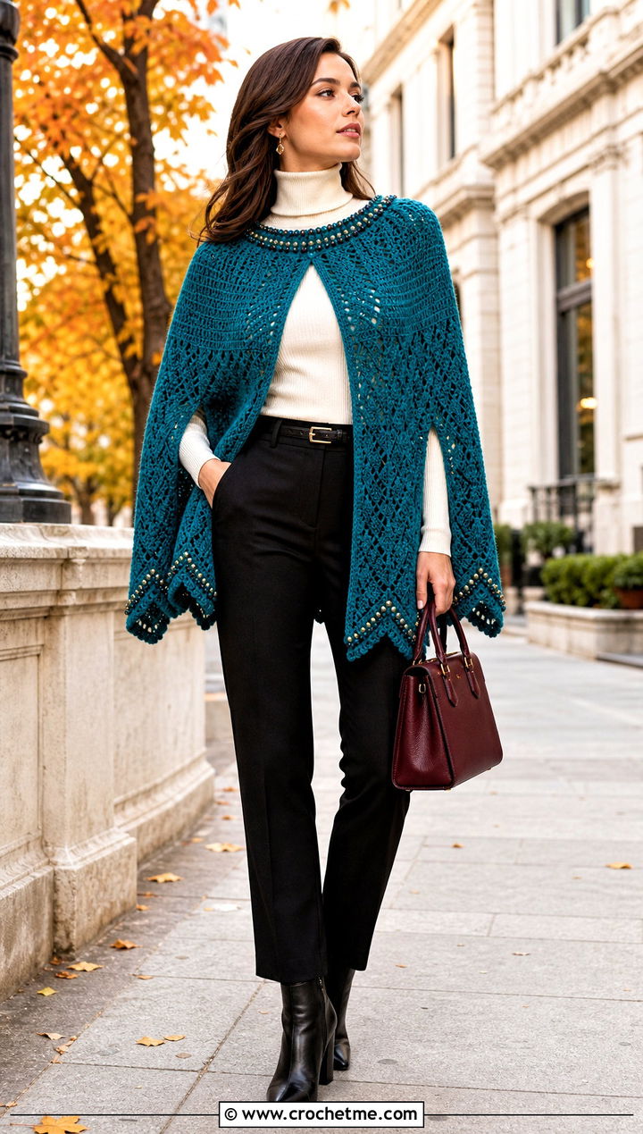 Beaded Crochet Cape With Turtleneck And Trousers - 25 crochet clothes with beads outfit ideas
