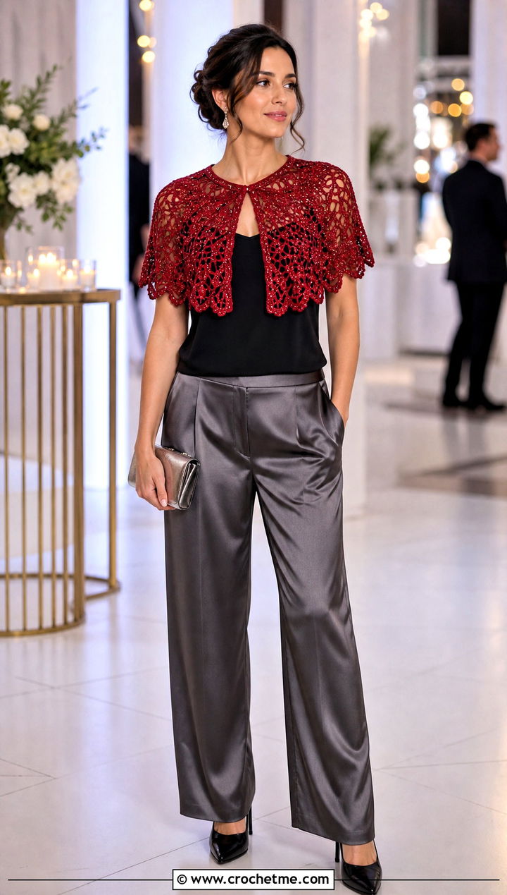 Beaded Crochet Capelet Shawl With Satin Trousers - 30 crochet caplet shawl outfit ideas
