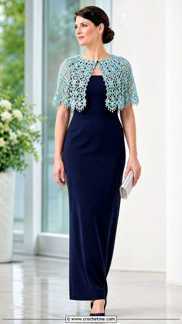 Beaded Crochet Capelet With Column Dress - 35 crochet capelet outfit ideas