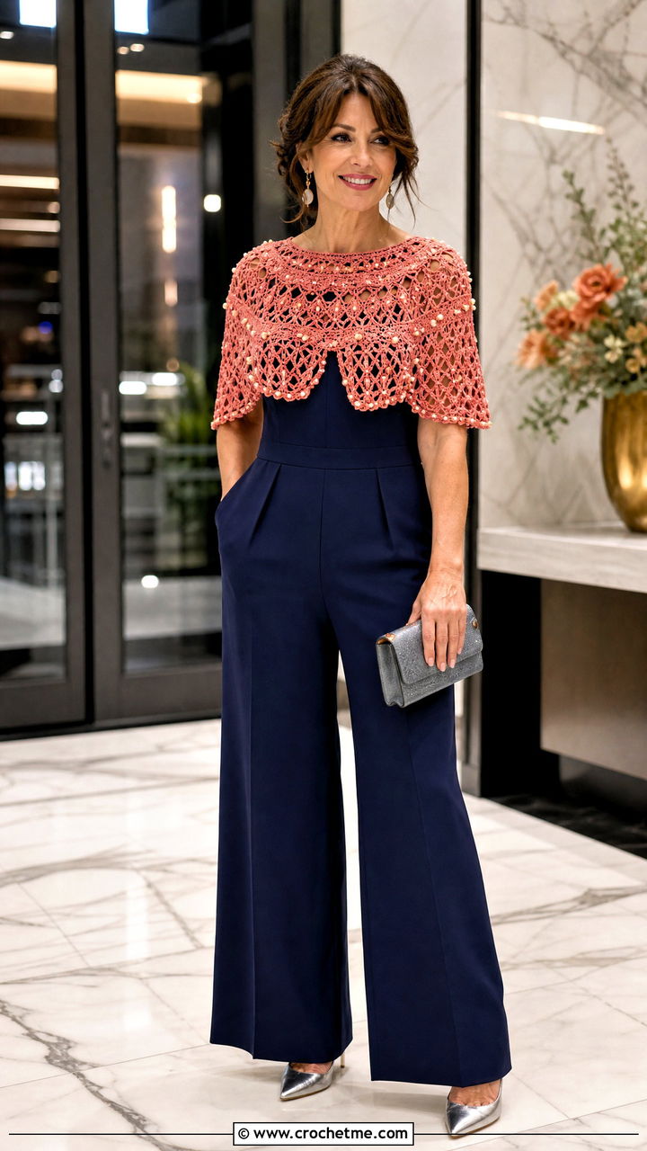 Beaded Crochet Capelet With Tailored Jumpsuit - 35 autumn crochet clothes and outfit ideas