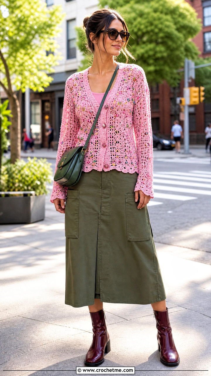 Beaded Crochet Cardigan Top With Utility Skirt - 35 Crochet Top With Beads outfit ideas