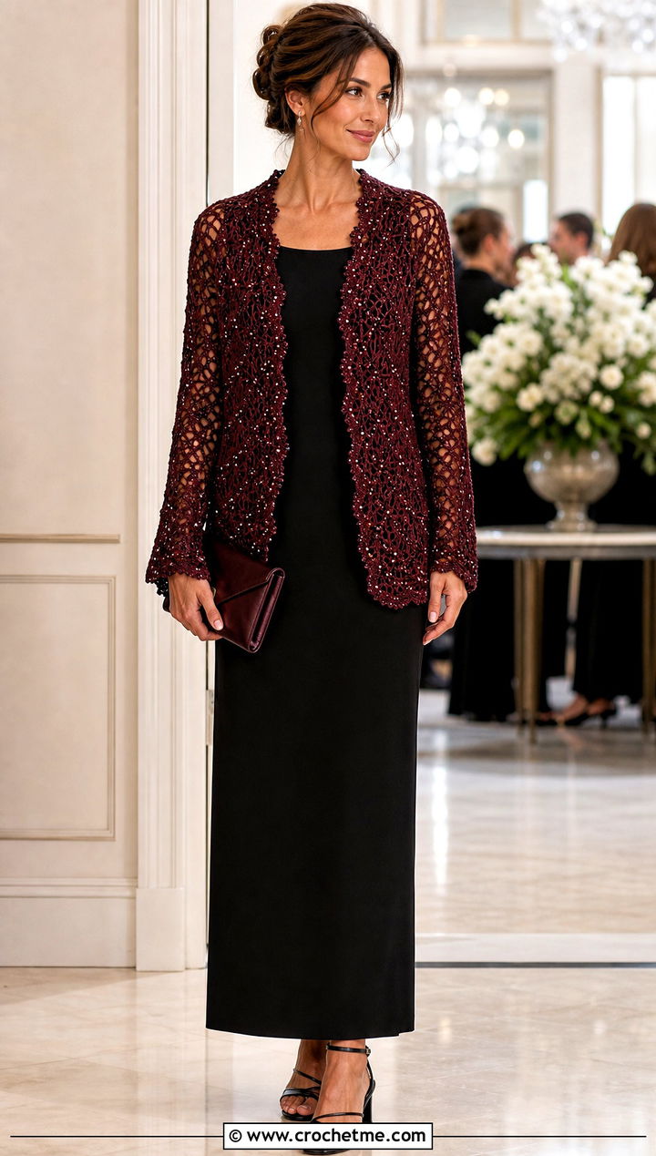 Beaded Crochet Cardigan With A Column Dress - 25 womens crochet cardigan outfit ideas
