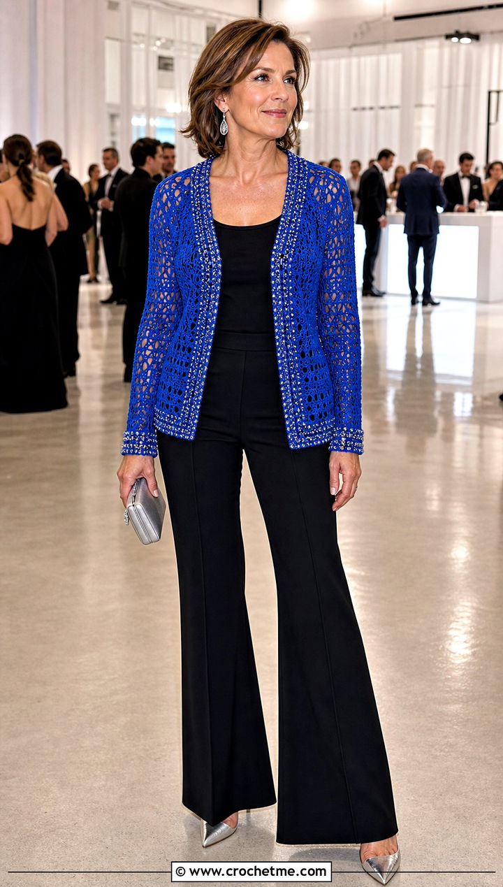 Beaded Crochet Cardigan With Black Trousers - 20 Crochet Fancy Cardigan outfit ideas