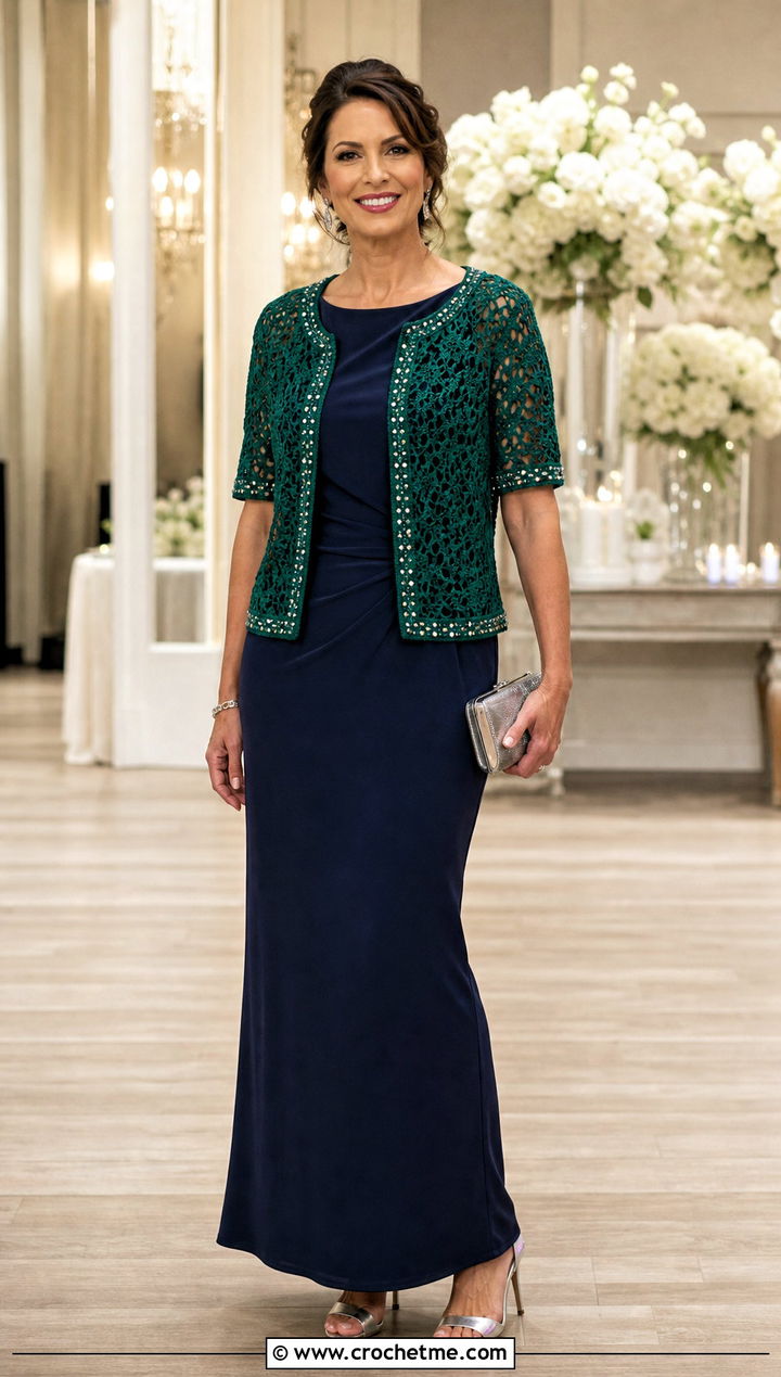 Beaded Crochet Cardigan With Tailored Maxi Dress - 30 short sleeve crochet cardigan outfit ideas