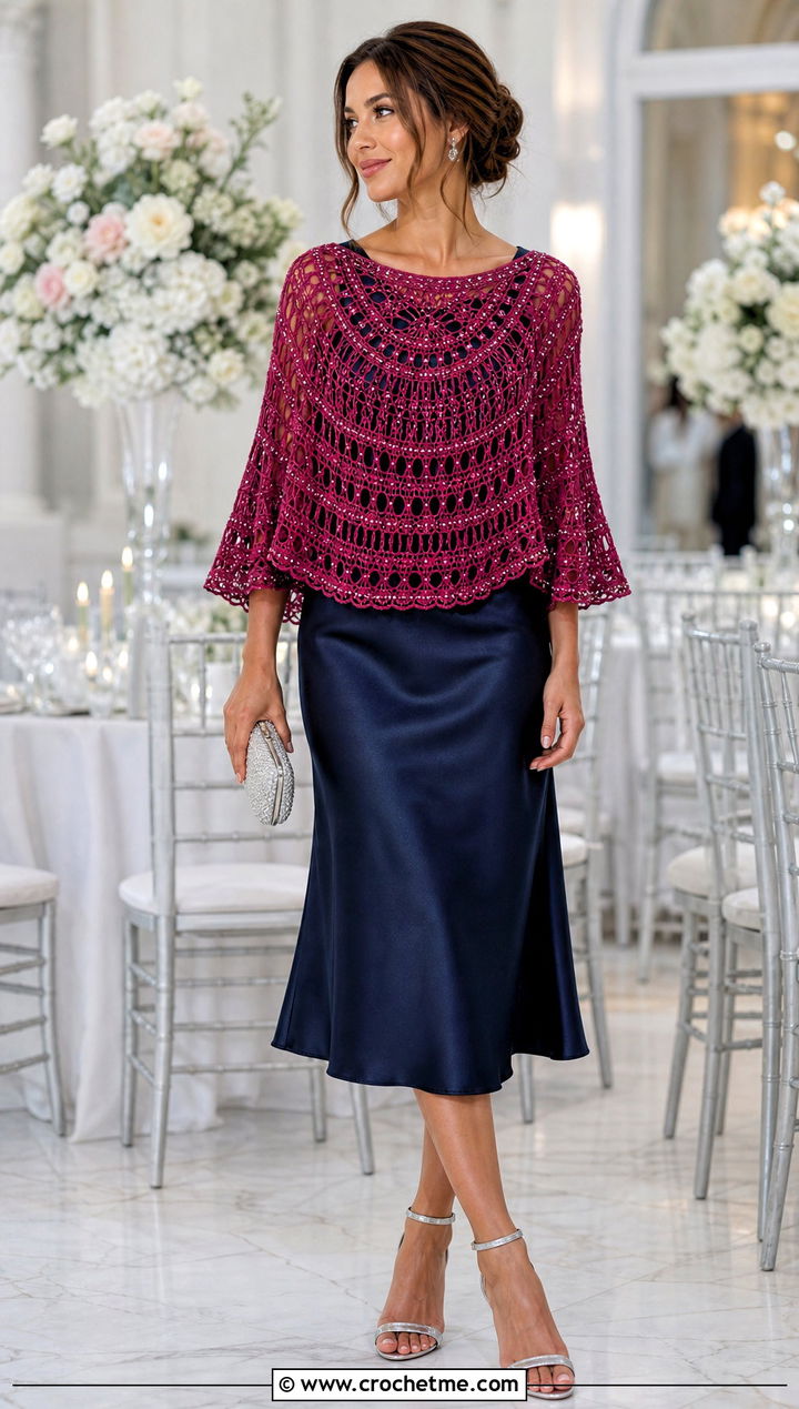 Beaded Crochet Circle Sweater With Satin Dress - 25 crochet circle sweater outfit ideas