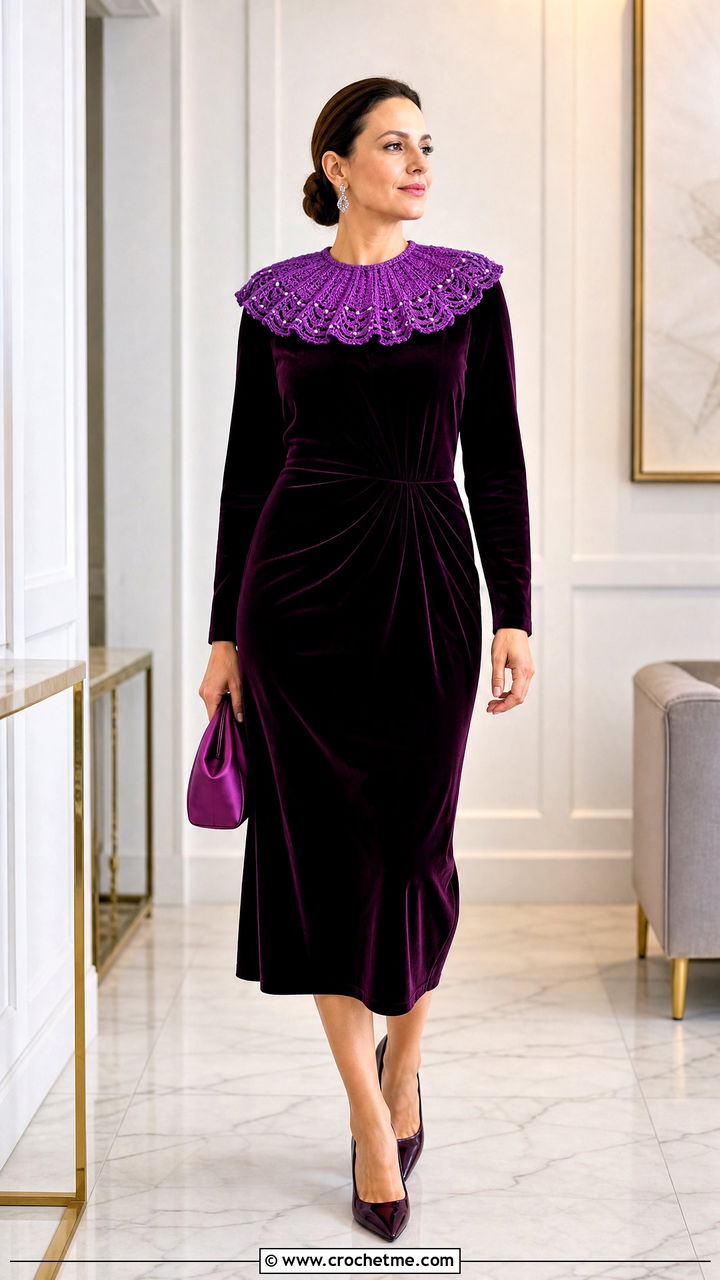 Beaded Crochet Clown Collar With Velvet Dress - 35 crochet clown collar outfit ideas
