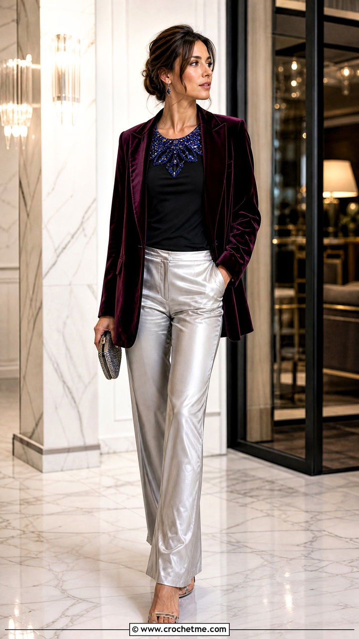 Beaded Crochet Collar With Velvet Blazer And Satin Pants - 35 crochet collar outfit ideas