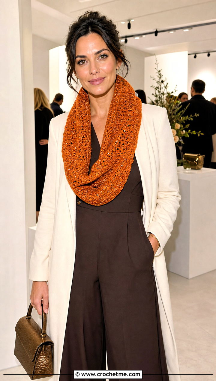 Beaded Crochet Cowl Scarf With Jumpsuit - 20 Crochet Loop Scarf outfit ideas