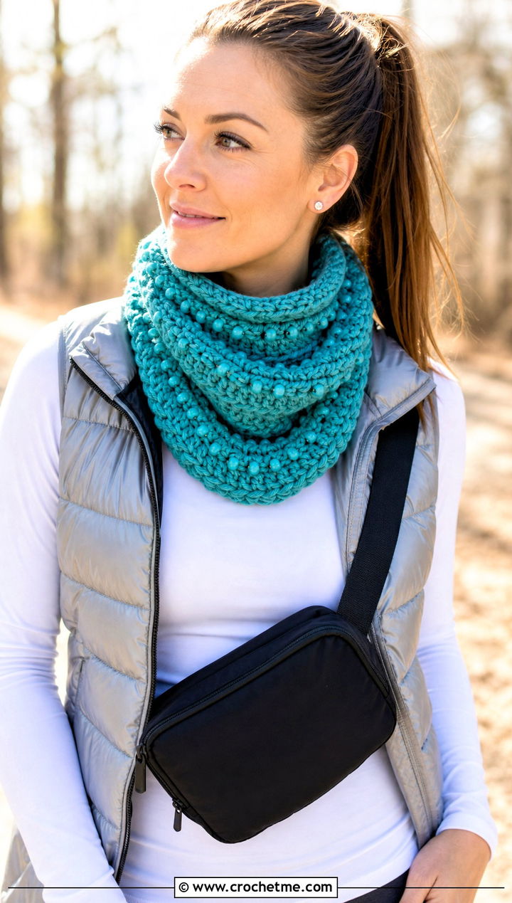 Beaded Crochet Cowl Scarf With Puffer Vest - 15 beaded crochet scarf design outfit ideas