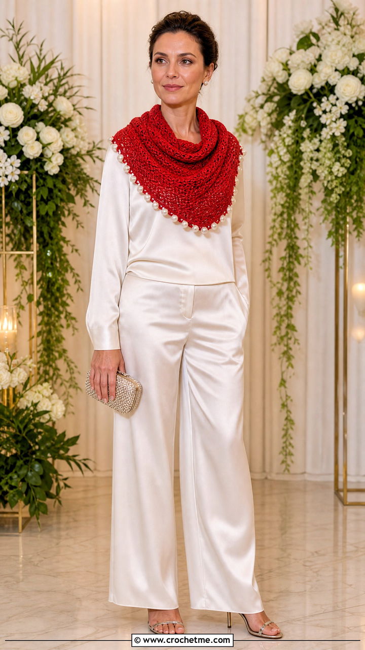 Beaded Crochet Cowl With Satin Separates - 35 crochet cowl outfit ideas