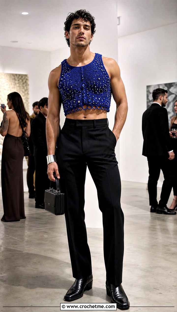 Beaded Crochet Crop Top With Evening Trousers - 25 Men Crochet Crop Top outfit ideas