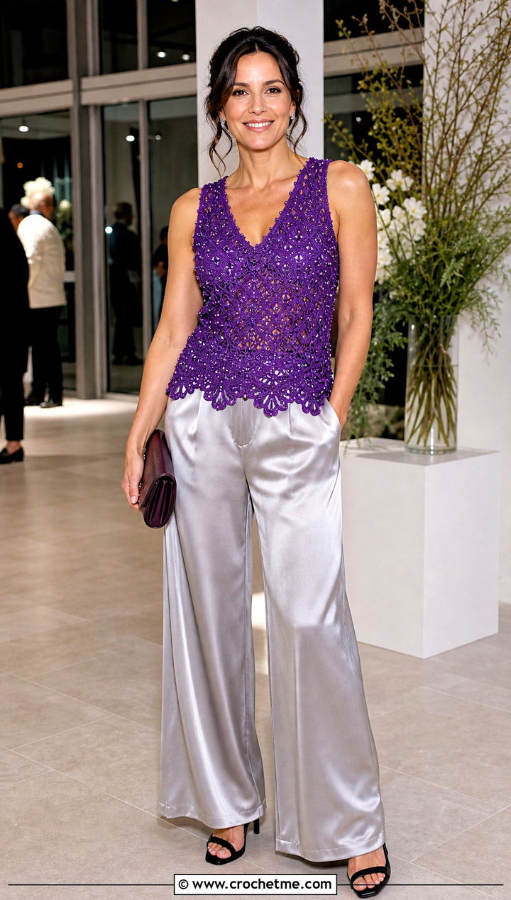 Beaded Crochet Delilah Top With Satin Pants - 30 crochet delilah top outfit ideas