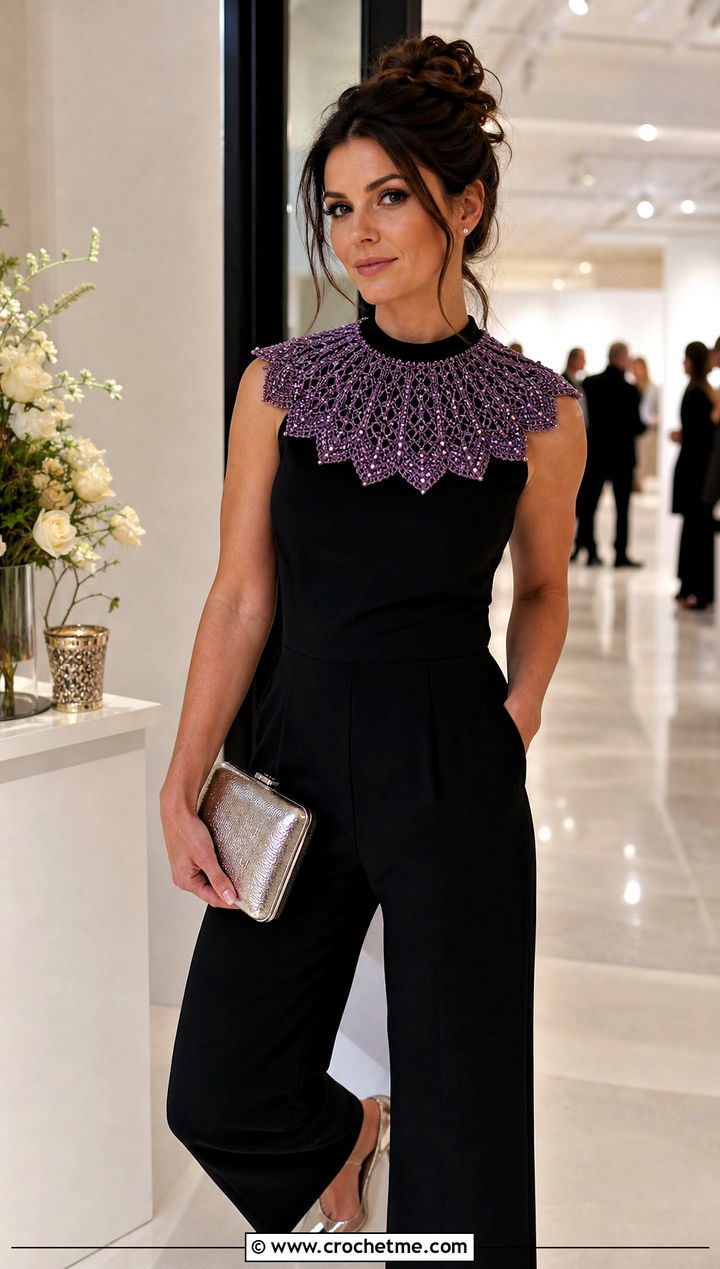 Beaded Crochet Doll Collar With Evening Jumpsuit - 25 Crochet Doll Collar outfit ideas
