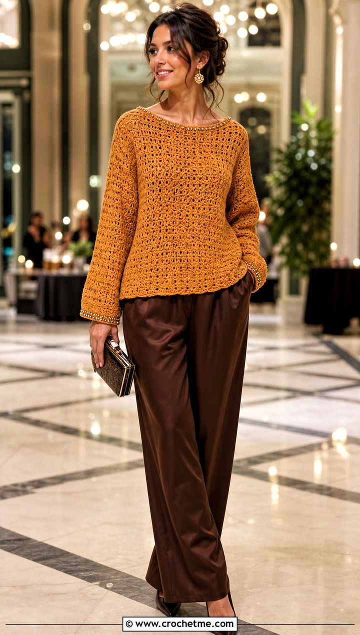Beaded Crochet Drop Shoulder Sweater With Satin Evening Trousers - 30 crochet drop shoulder sweater outfit ideas