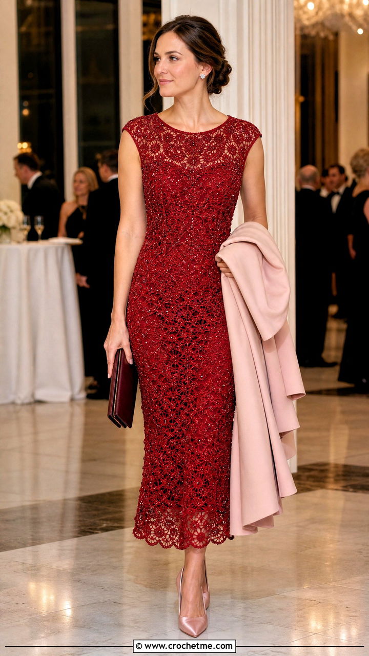 Beaded Crochet Evening Frock With Satin Heels - 35 Crochet Frocks For Women outfit ideas