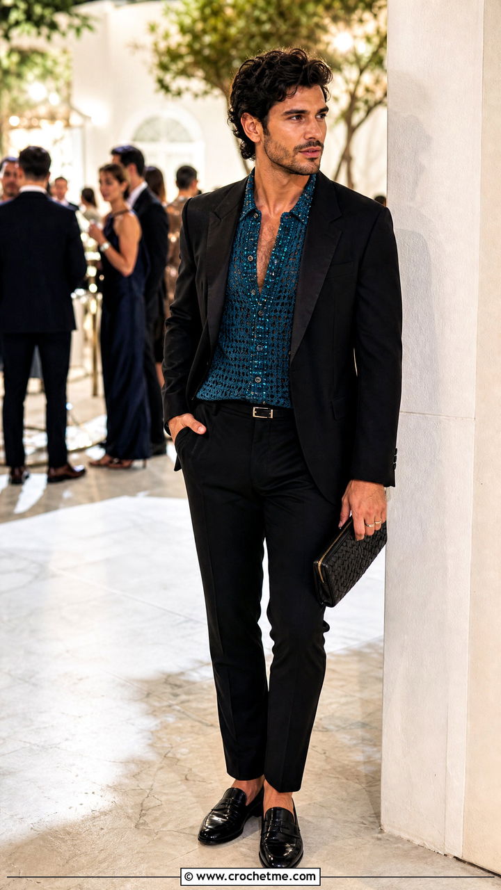 Beaded Crochet Evening Shirt With Black Suit - 35 crochet clothes for men outfit ideas