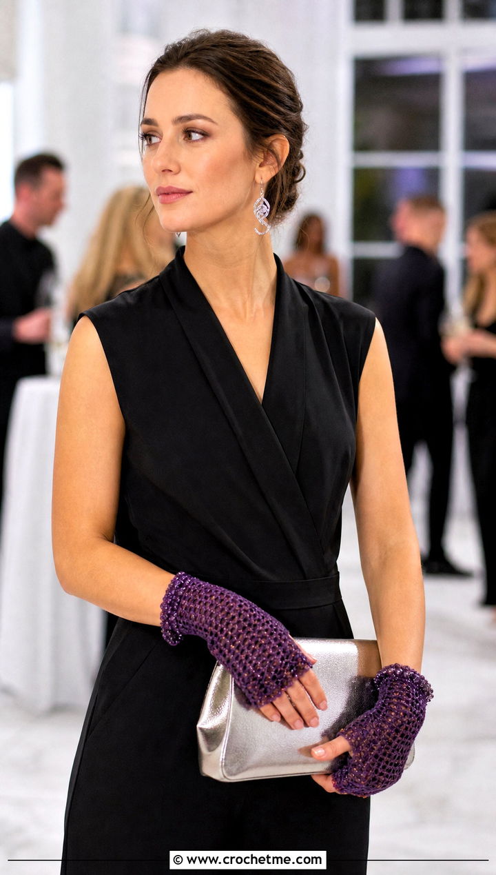 Beaded Crochet Fingerless Gloves With Black Jumpsuit - 30 crocheted fingerless gloves outfit ideas