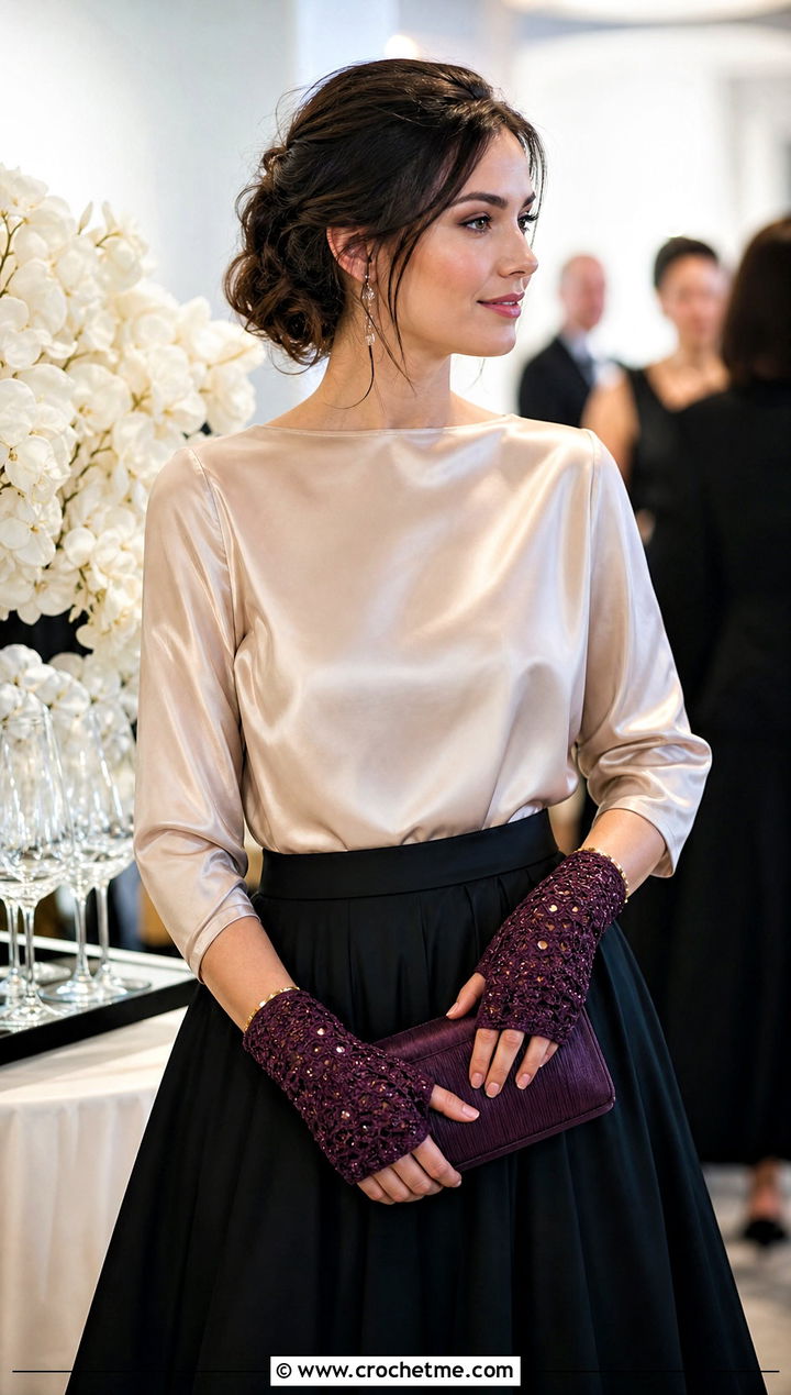 Beaded Crochet Fingerless Gloves With Satin Blouse - 15 crochet finger gloves outfit ideas