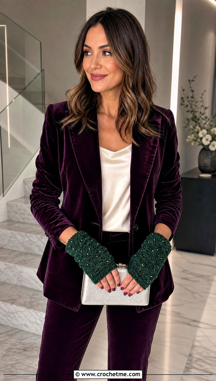 Beaded Crochet Fingerless Mittens With Velvet Suit - 25 crochet fingerless mittens outfit ideas