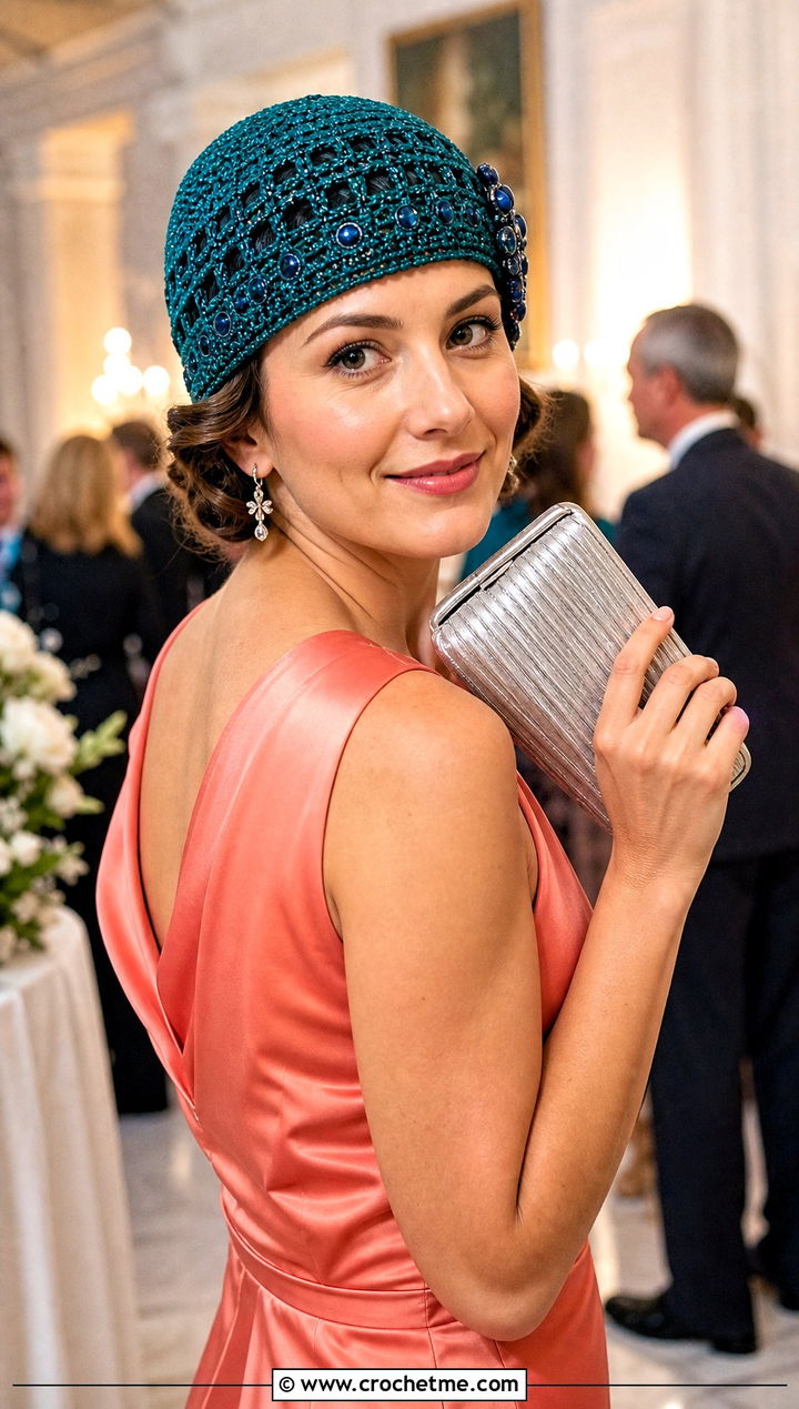 Beaded Crochet Flapper Hat With Satin Dress - 30 crochet flapper hat outfit ideas