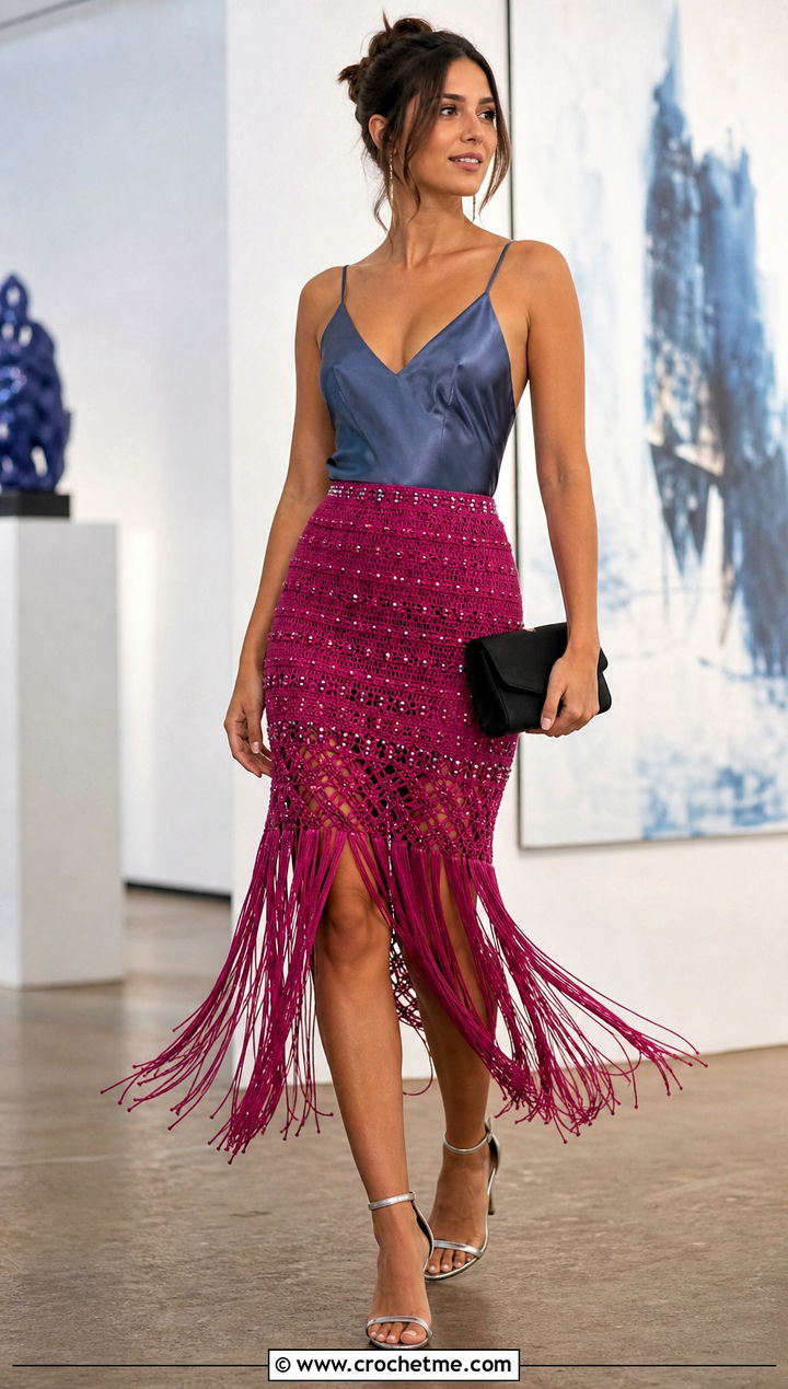 Beaded Crochet Fringe Skirt With Satin Camisole - 15 Crochet Fringe Skirt outfit ideas