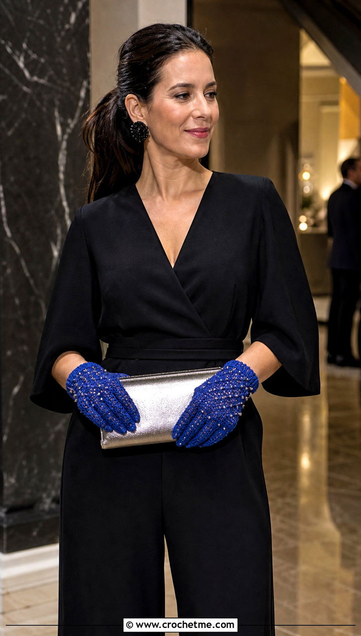 Beaded Crochet Gloves With Jumpsuit - 25 crocheted gloves outfit ideas