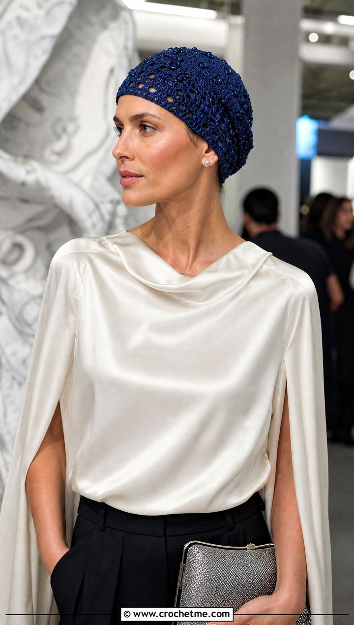 Beaded Crochet Hair Cap With Satin Blouse And Trousers - 15 crochet hair cap outfit ideas