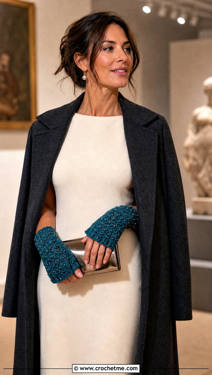 Beaded Crochet Half Gloves With Column Dress - 30 crochet half gloves fingerless mitts outfit ideas