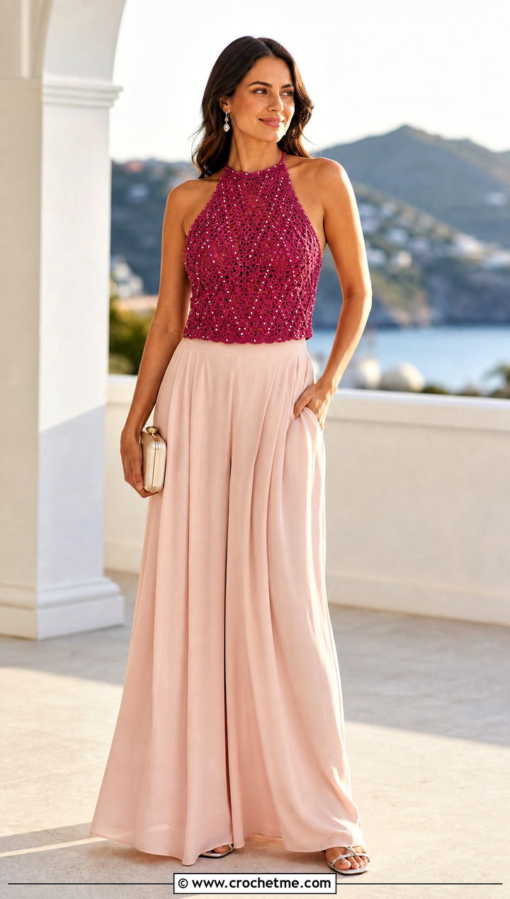 Beaded Crochet Halter Neck Top With Palazzo Pants - 30 crochet halter neck outfit ideas