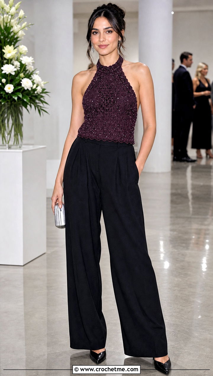 Beaded Crochet Halter Top With Fluid Black Trousers - 35 crochet halter tops outfit ideas