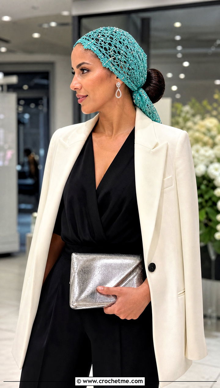 Beaded Crochet Head Scarf With Evening Jumpsuit - 25 Crochet Boho Head Scarf outfit ideas