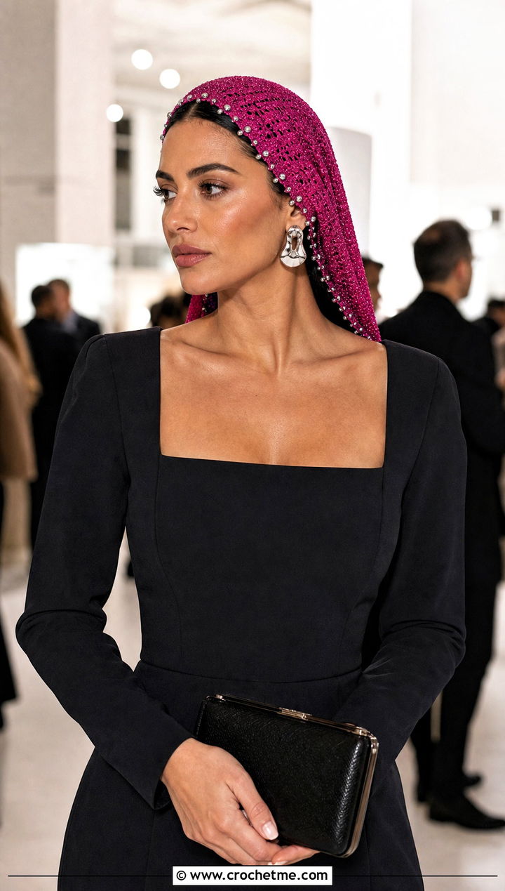 Beaded Crochet Head Scarf With Evening Jumpsuit - 15 crochet head wraps outfit ideas