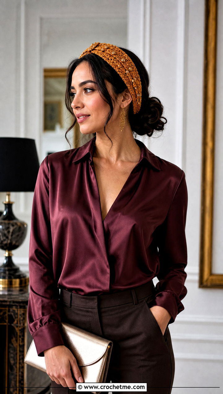 Beaded Crochet Headband With Satin Blouse - 30 crochet headband curly hair outfit ideas