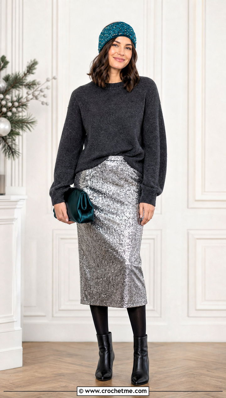 Beaded Crochet Headband With Sequin Skirt And Cashmere Sweater - 35 winter crochet headband outfit ideas