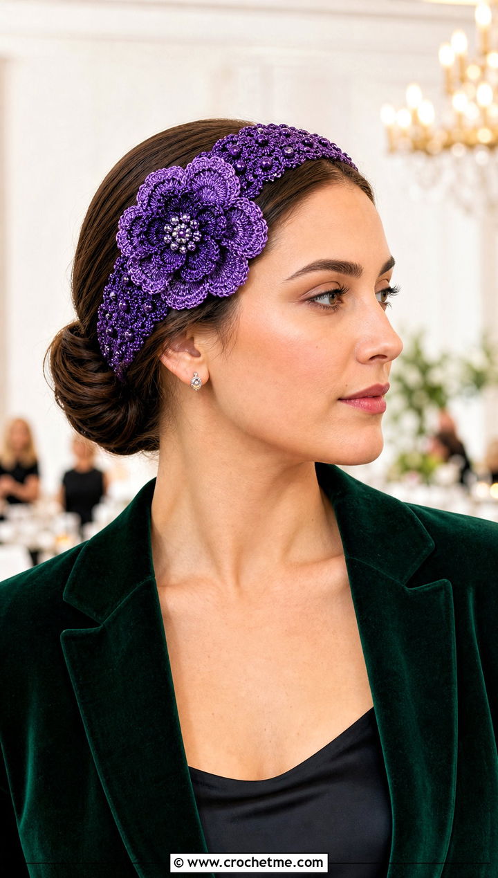 Beaded Crochet Headband With Velvet Suit Outfit - 15 crochet headband with purple flower outfit ideas