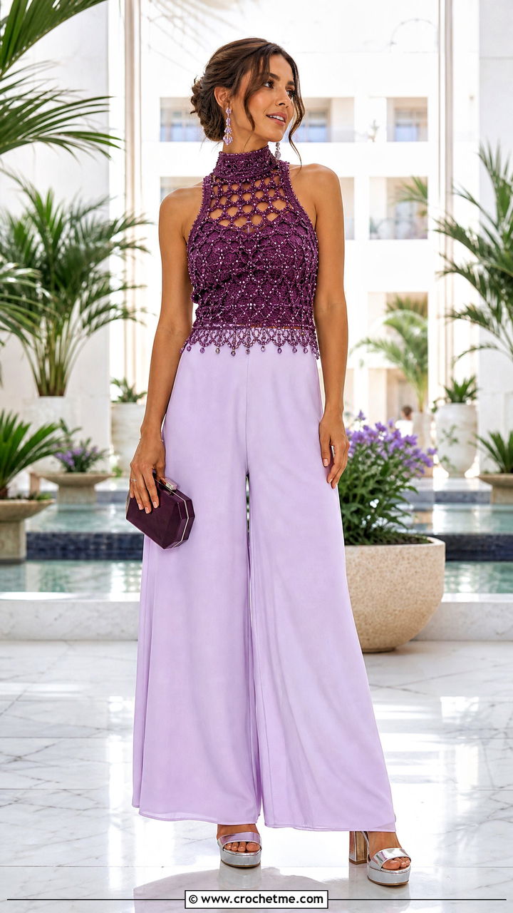 Beaded Crochet High Neck Top With Palazzo Pants - 35 Crochet Top With Beads outfit ideas