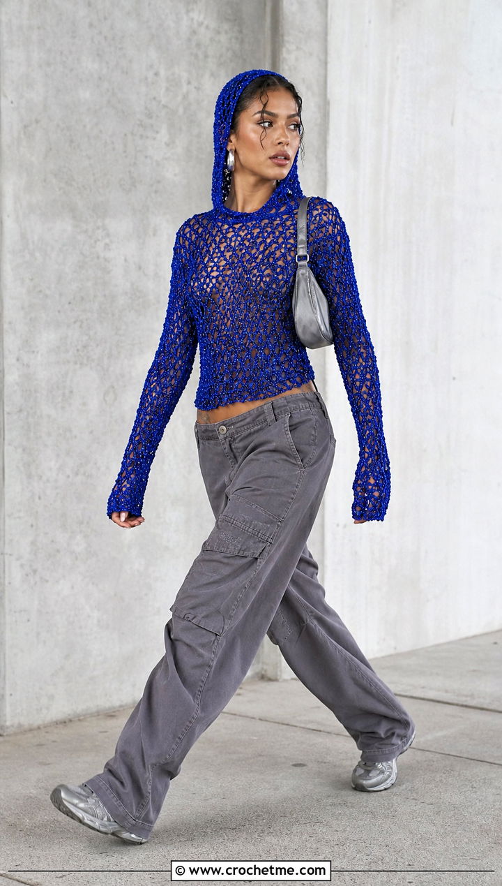 Beaded Crochet Hood Top With Cargo Pants - 20 jaded london crochet top outfit ideas