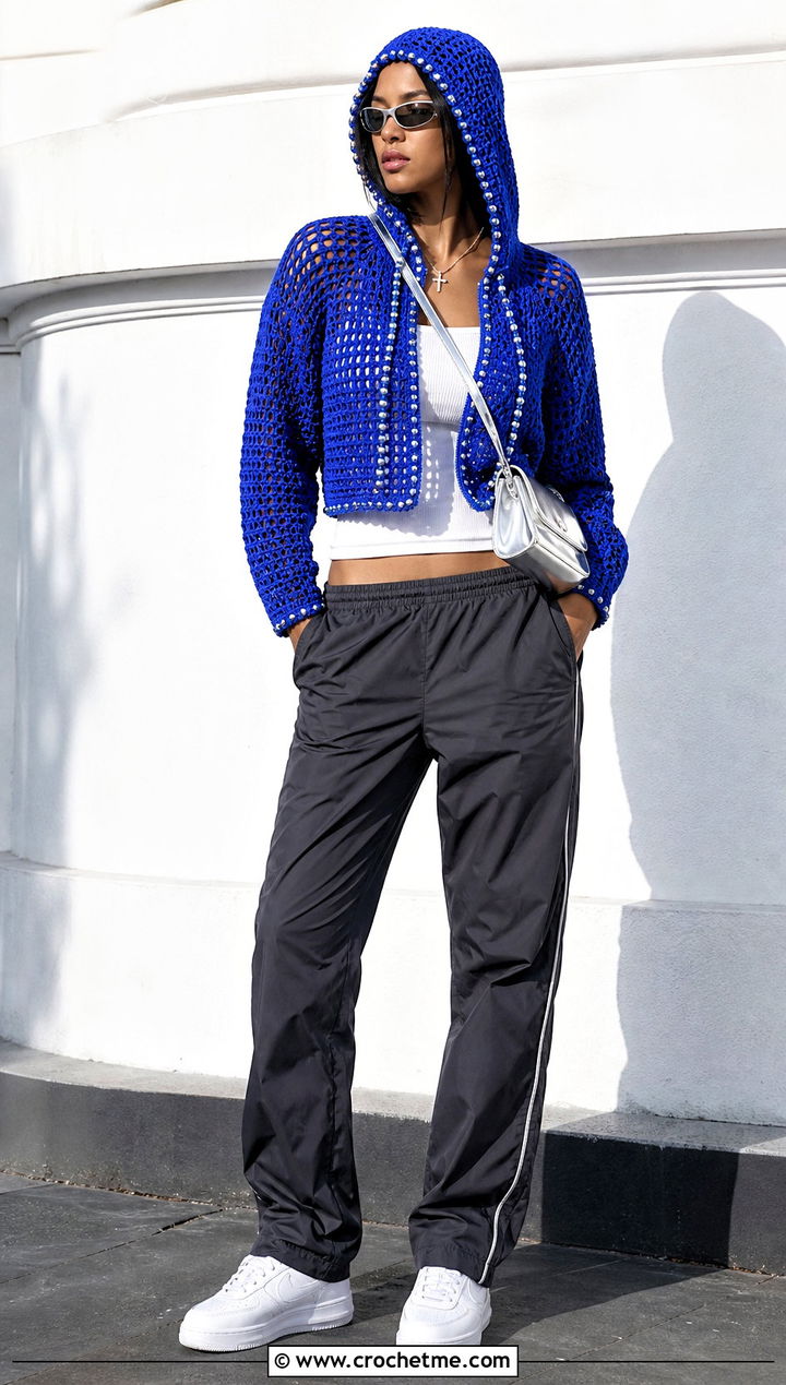 Beaded Crochet Hooded Top With Track Pants - 25 crochet clothes with beads outfit ideas