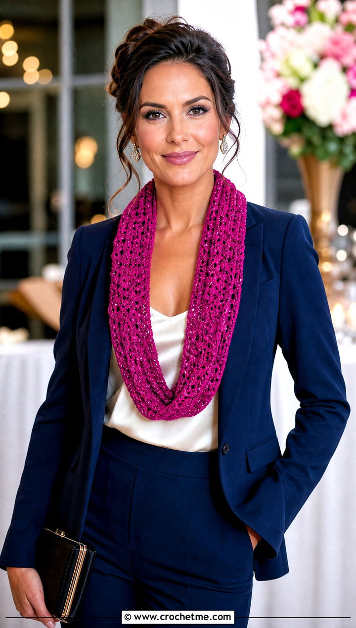 Beaded Crochet Infinity Scarf With Evening Suit - 30 crochet infinity scarves outfit ideas