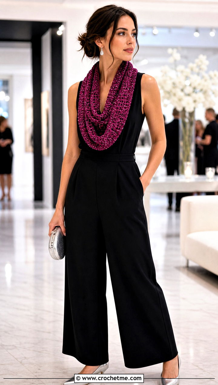 Beaded Crochet Infinity Scarf With Jumpsuit - 15 Crochet Infinity Scarf On Hanger outfit ideas