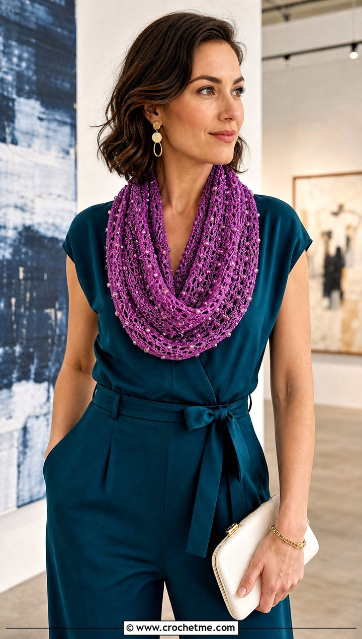 Beaded Crochet Infinity Scarf With Jumpsuit - 30 easy crochet infinity scarf outfit ideas