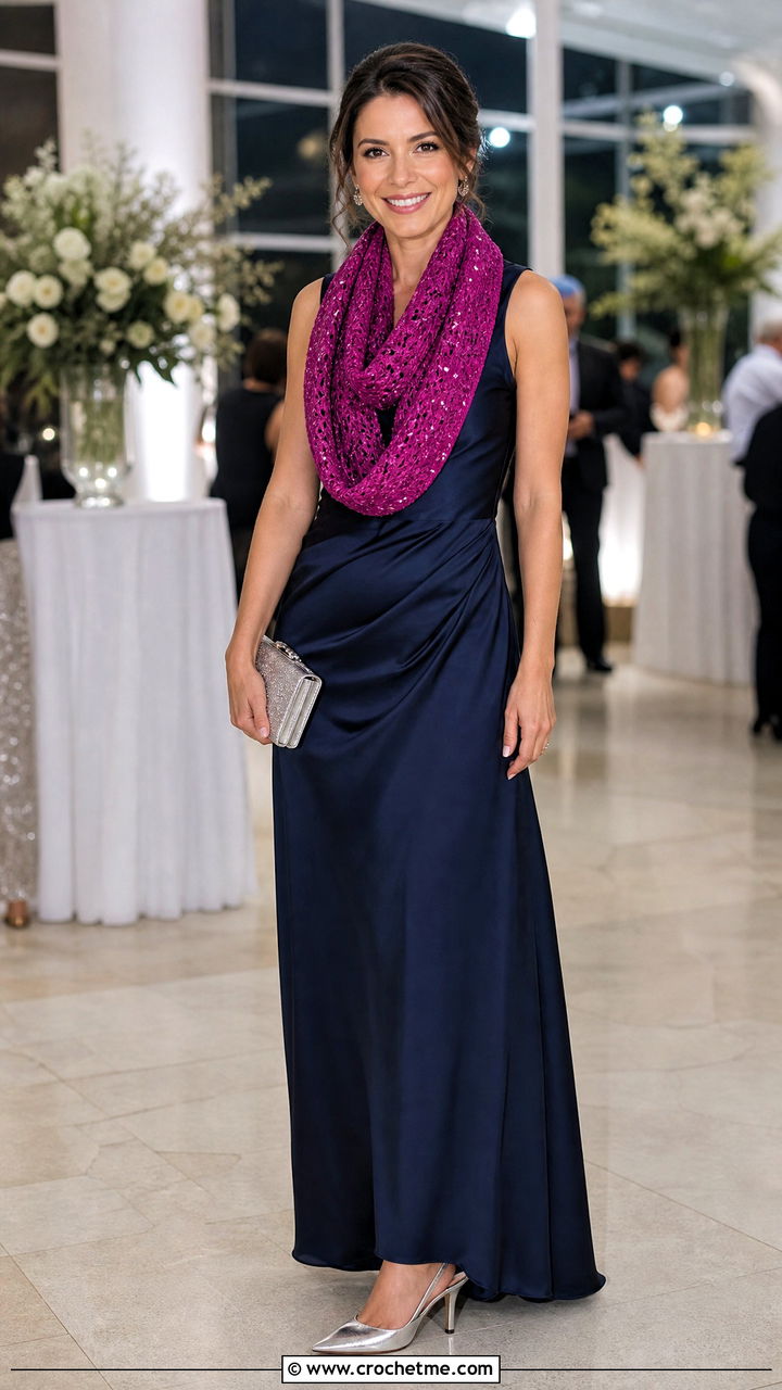 Beaded Crochet Infinity Scarf With Satin Maxi Dress - 35 crochet infinity scarf outfit ideas