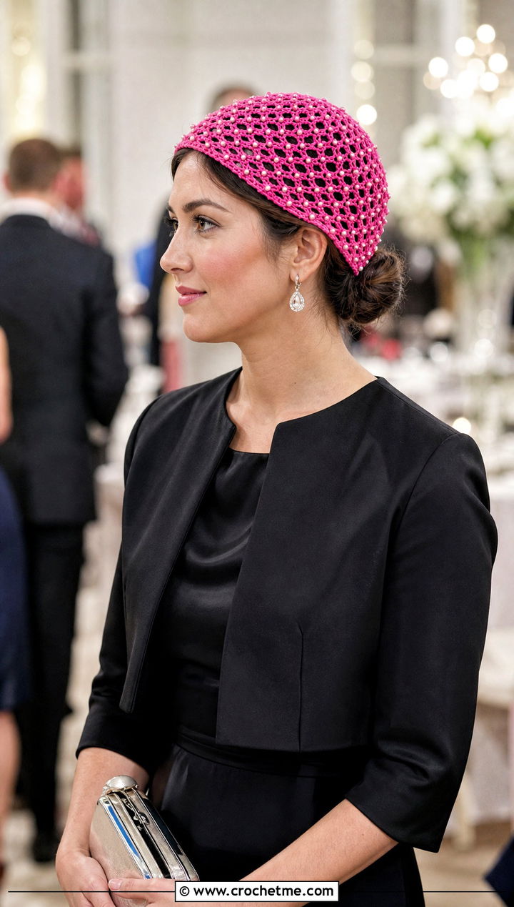 Beaded Crochet Juliet Cap With Satin Midi Dress - 20 Fancy Crochet Hat outfit ideas