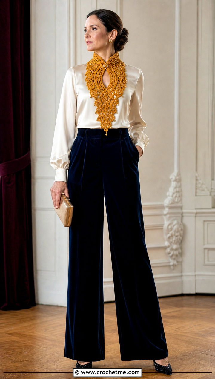 Beaded Crochet Keyhole Scarf With Velvet Trousers - 35 crochet keyhole scarf outfit ideas