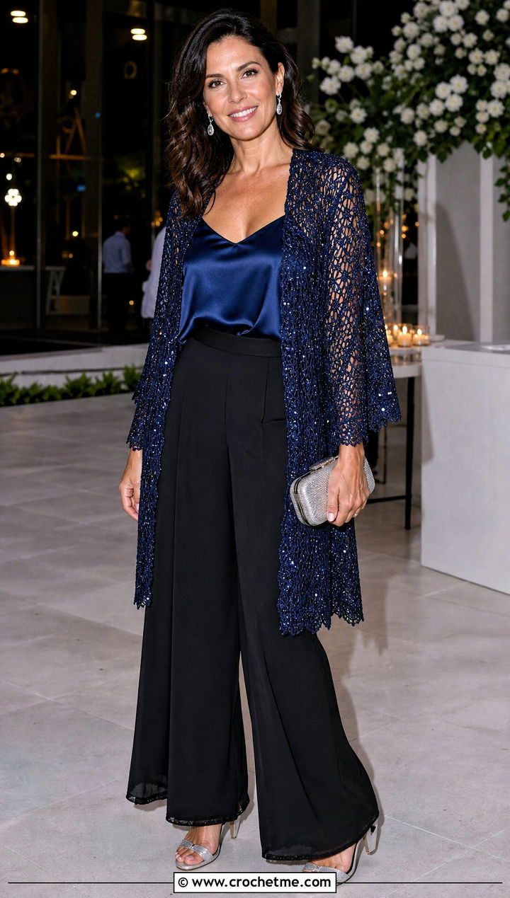 Beaded Crochet Kimono Cardigan With Wide Leg Trousers - 35 crochet kimono cardigan outfit ideas