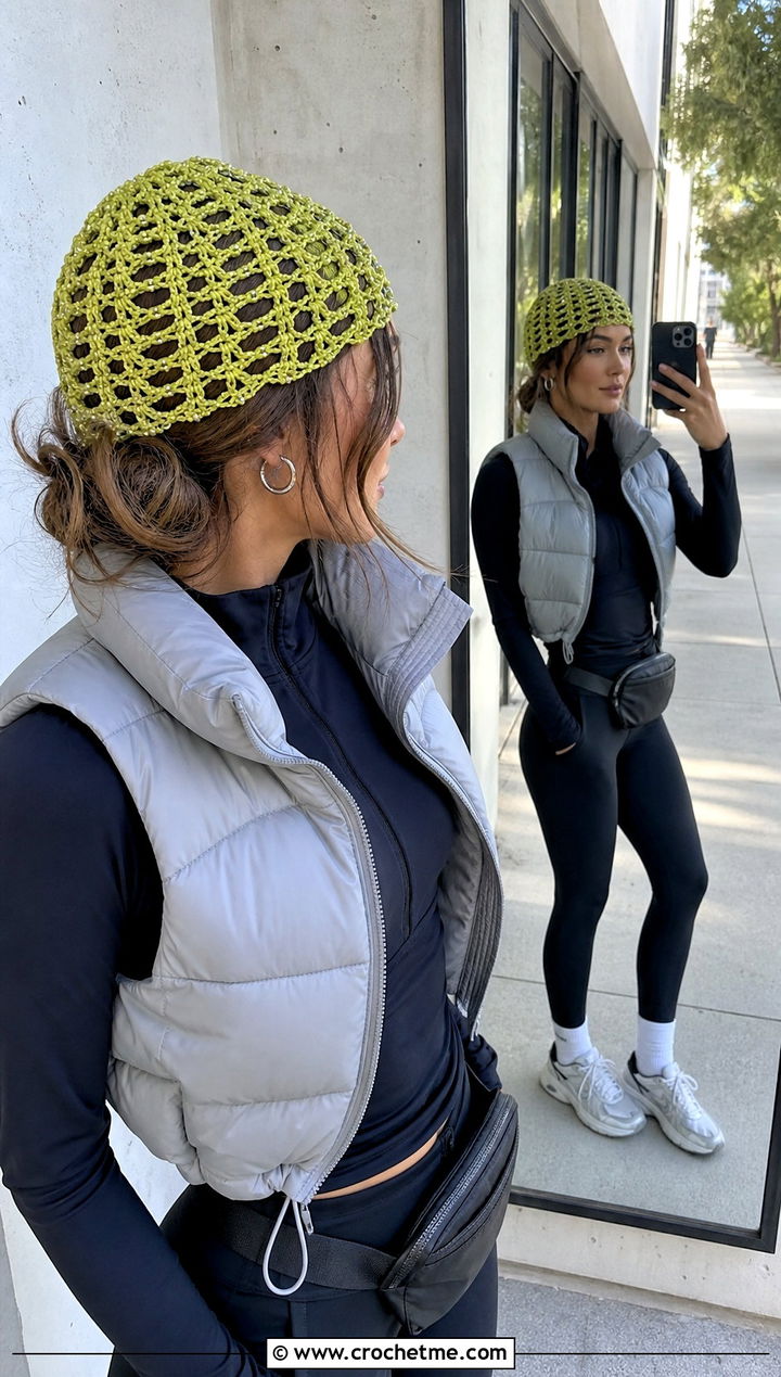 Beaded Crochet Lace Beanie With Puffer Vest And Leggings - 30 crochet lace beanie outfit ideas