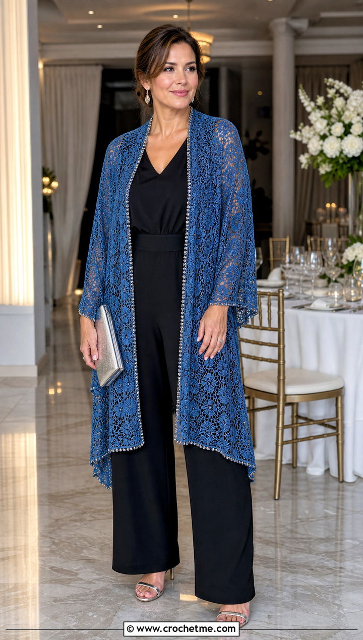 Beaded Crochet Lace Kimono With Black Jumpsuit - 25 crochet lace kimono outfit ideas