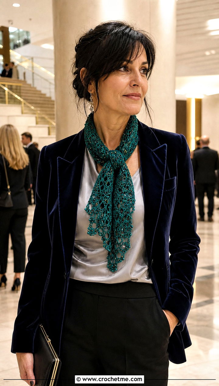 Beaded Crochet Lace Scarf With Velvet Blazer And Trousers - 30 easy crochet lace scarf outfit ideas