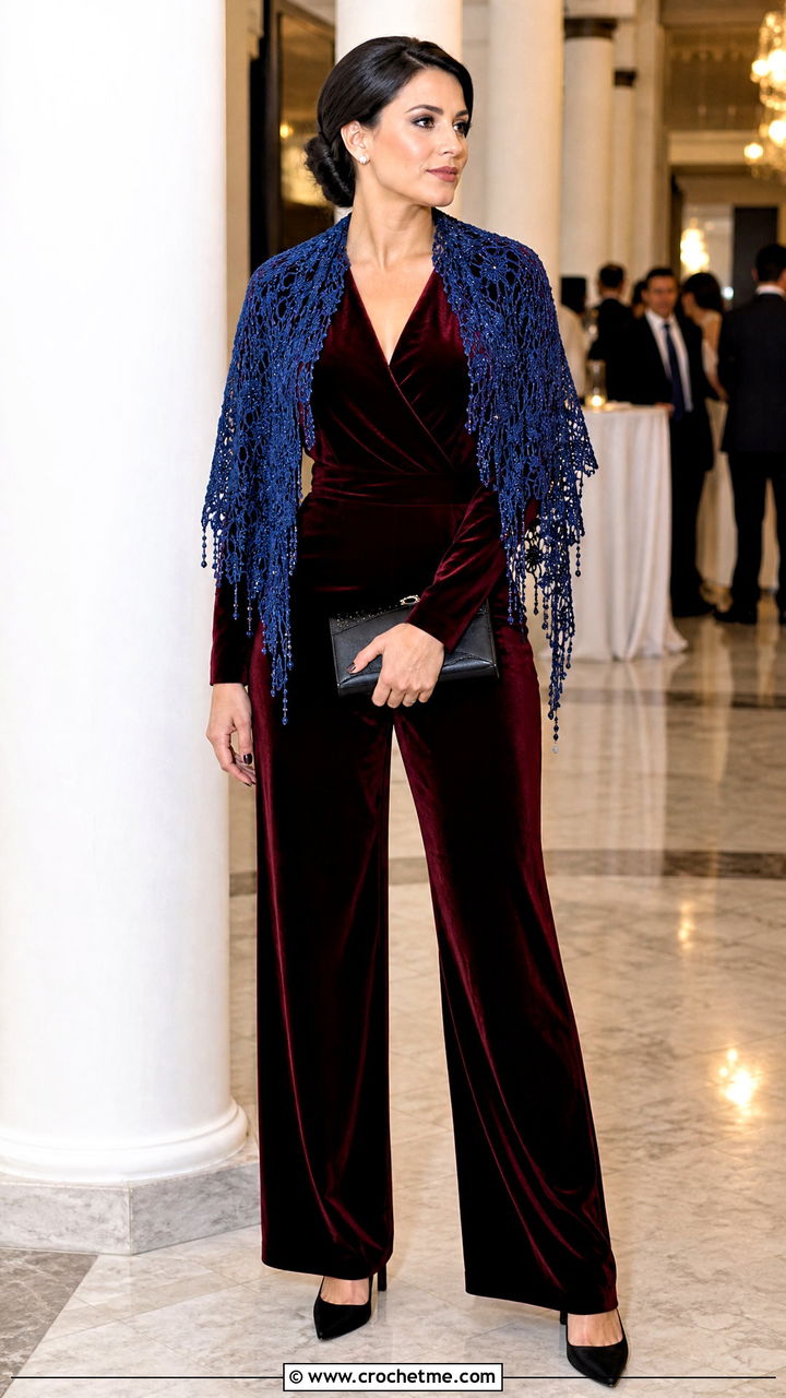 Beaded Crochet Lace Scarf With Velvet Jumpsuit And Pumps - 35 crochet lace scarf outfit ideas